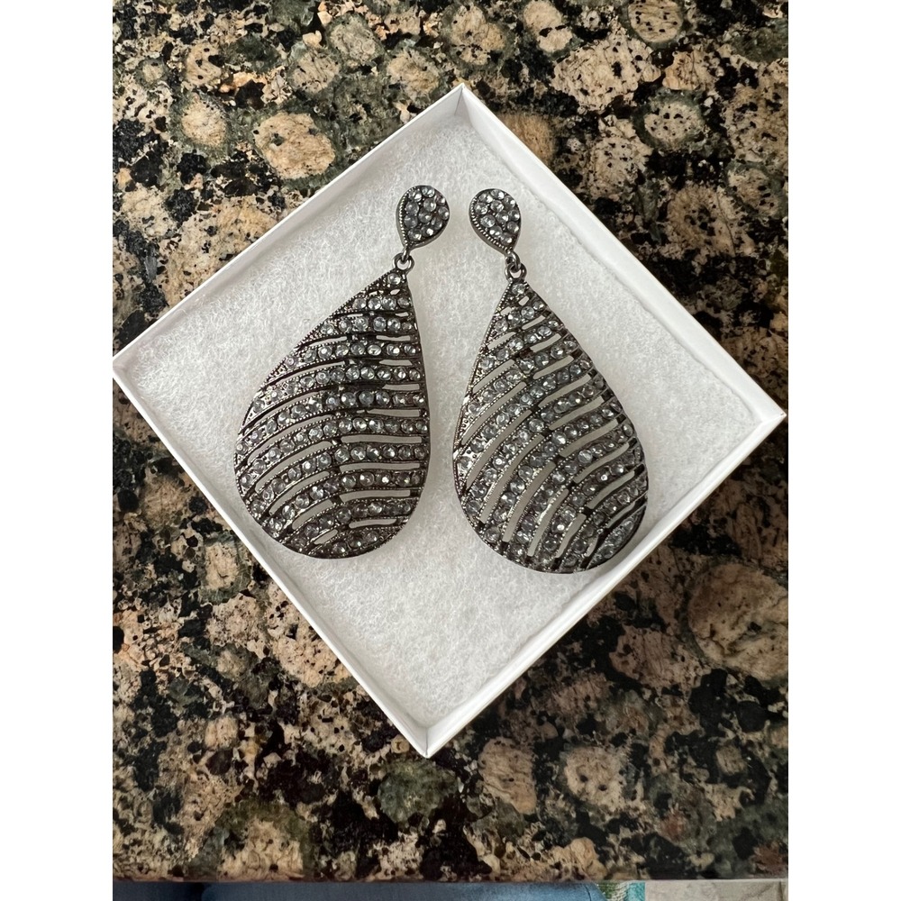 Gunmetal Rhinestone Teardrop Dangle Earrings Openwork Statement Jewelry
